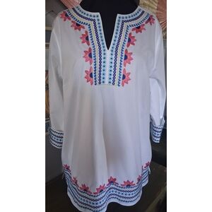 White Embroidered Tunic Top with Pink & Blue Floral Accents